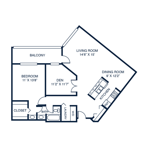 Floor plan for 1 bed, 1 bath, 1159 sqft